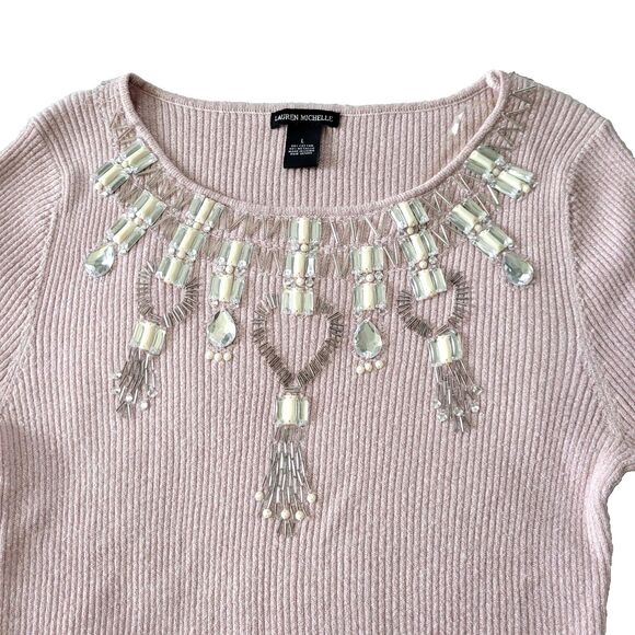Lauren Michelle Sweater Women Large Pink 3/4 Sleeve Ribbed Beaded Western - Picture 2 of 9
